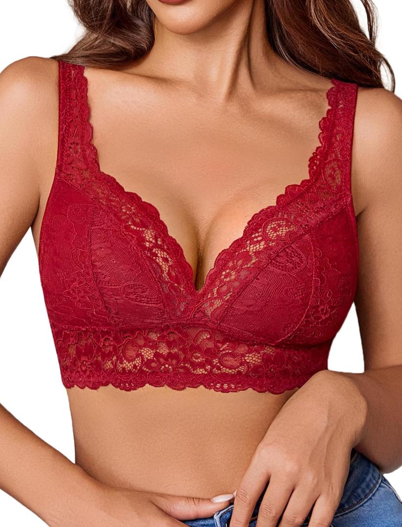 Avidlove Lace Bralettes Women V Neck Wireless Bras Unlined Basic Cami Sexy Comfy Everyday Wirefree Lingerie Unpadded (Medium, Wine Red)