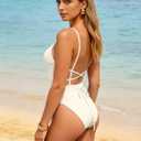 WODECASA Womens Sexy One Piece Swimsuit Halter Deep V Neck Side Drawstring High Cut Tummy Control Bathing Suit Monokini (White)