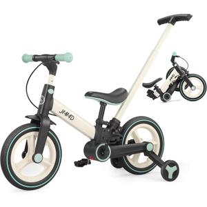 JMMD Toddler Bike with Push Handle for Kids 18-60 Months, 6 in 1 Foldable Push Bike with Training Wheels, Pedals, Brakes, Kickstand, Kid Balance Bike Gift & Toys for Boy & Girl (Large, Mint)