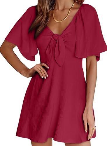 Dokotoo Christmas Holiday Red Womens Summer Dresses 2025 Party Fashion Casual Fall Short Dress Sexy V-Neck Wedding Guest Flowy Dress Linen Dresses for Women Light, Medium, Red