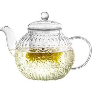 Bandesun Vintage Glass Teapot, Tea Kettle with Removable Infuser 32OZ/1000ml, Borosilicate Glass Pot -Stovetop Safe, Blooming & Loose Leaf Tea Maker Set