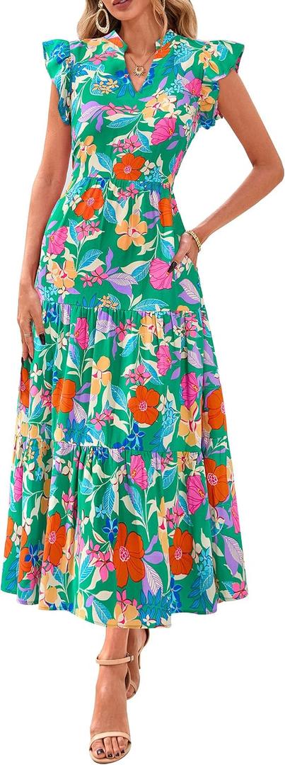 PRETTYGARDEN Women's 2026 Summer Floral Midi Dress Cap Sleeve V Neck Ruffle Long Flowy Boho Casual Beach Vacation Dresses (S)