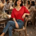 Sialois Womens Blouses Ruffle Sleeve Tops V Neck Shirts Dressy Casual Trendy Tee Spring Fall Summer Fashion Work Clothes (Brown, XL)