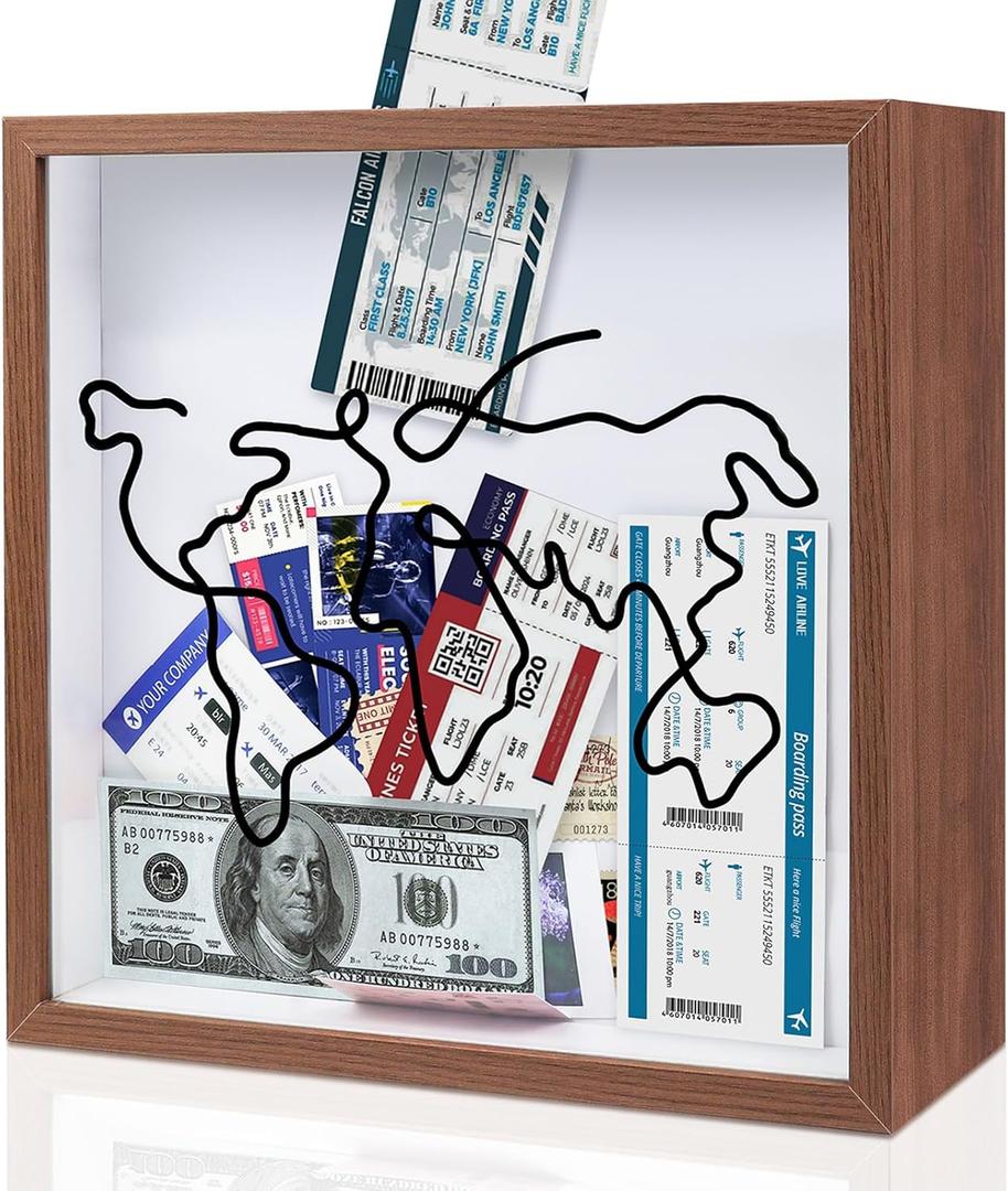 ZEEYUAN Adventure Archive Box 12x12inch Gifts for Dad Father From Wife/Daughter/Son, Wooden Travel Shadow Box with Slot, Loading Tickets Display Case Memories Travel Box Frame for Keepsake, Dark Brown