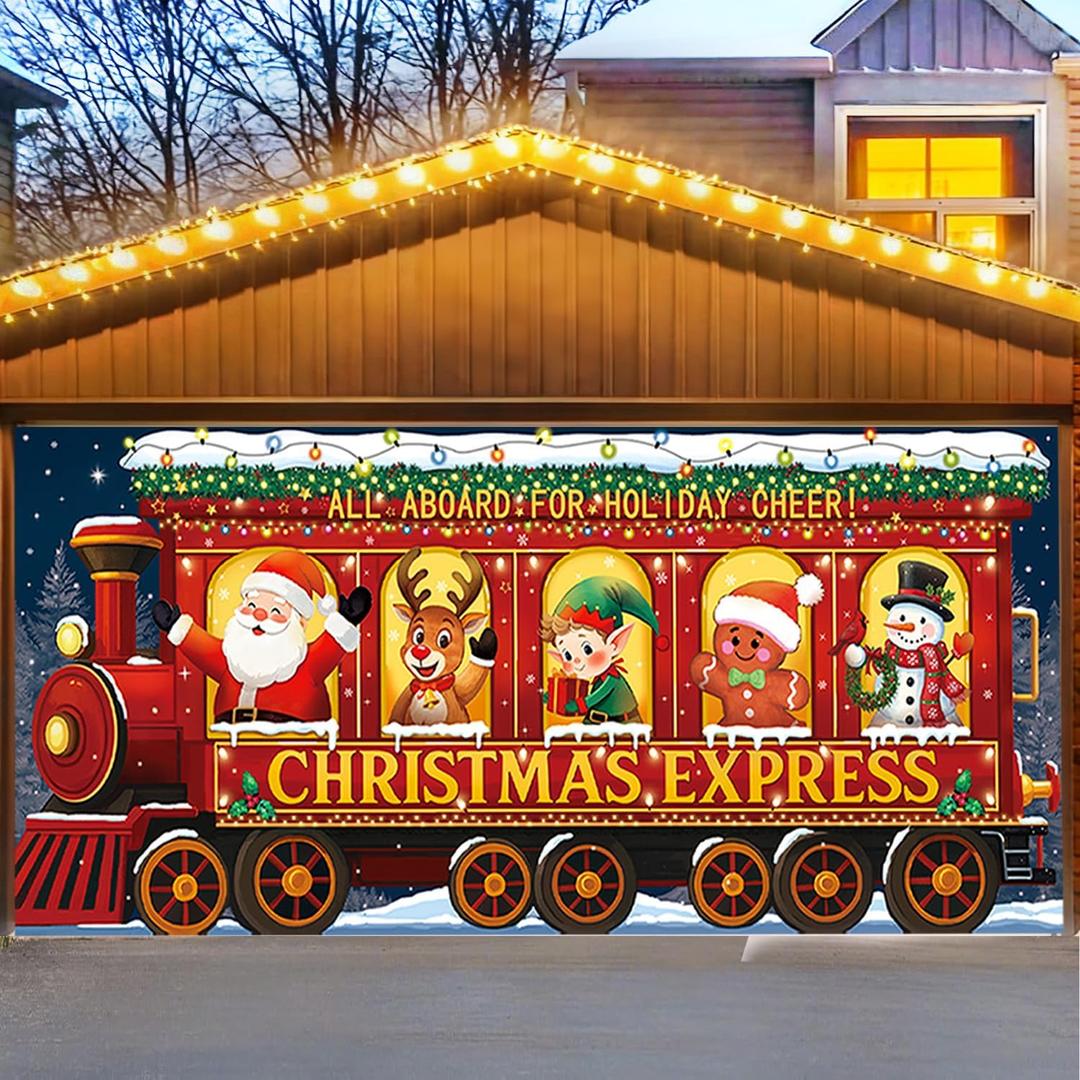 Christmas Garage Door Cover, 7x16ft Xmas Garage Door Banner, Large Christmas Door Cover Decorations for Indoor Outdoor Holiday Decoration