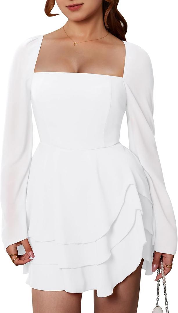 GOBLES Women's Sexy Long Flare Sleeve Square Neck Chiffon Tiered Mini Cocktail Party Dress (White)