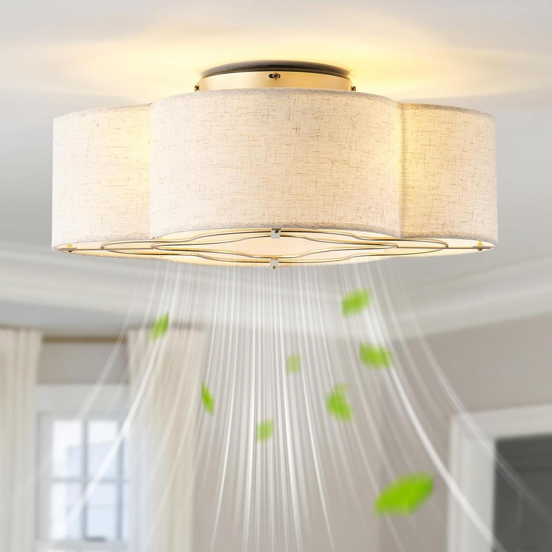 Boho Ceiling Fans with Lights, 20" Low Profile Ceiling Fan with Light Remote Control, Bladeless Flush Mount with 6 Speeds for Bedroom, Nursery, Living Room. (Beige)