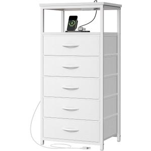Huuger White Dresser with 5 Drawers & Charging Station, Tall Dresser for Bedroom, Tall Night Stand with PU Leather Finish, Open Shelf, Nightstand for Bedroom, Closet, Hallway, Entryway