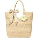 Straw Tote Bag for Women, Large Summer Beach Bag with Polka Dot Scarf & Plumeria Flower (Beige)