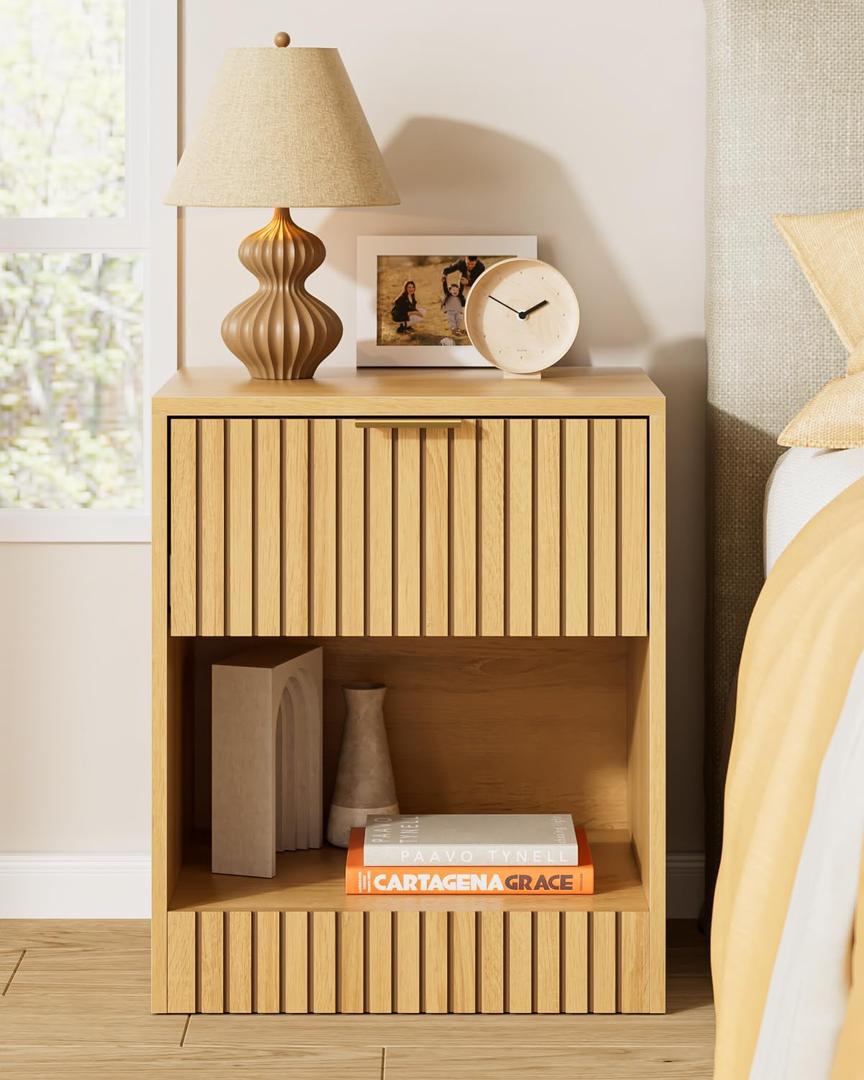Tall Nightstand Extra Large Nightstand, Modern Night Stand, Bedside Table with Drawer and Open Shelf, Cube Design, Side Table for Bedroom, Living Room, Oak
