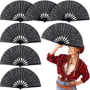 Thyle 6 Pcs Large Folding Fan for Line Dancing Bulk Boots on The Ground Hand Fan Black Popping Clapping Party Favors Decoration Gift for Edm Festival Club Summer(Classical)