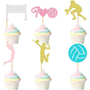 24pcs Beach Volleyball Cupcake Toppers - Sport Theme Decor Supplies with Volleyball Player & Ball Cupcake Picks for Birthday Celebration