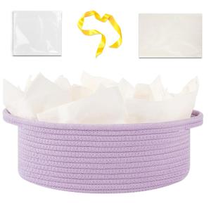 OIAHOMY Gift Basket with Handle, Small Woven Basket with Gift BagRibbon and Wrap Tissue PaperNursery Bins Empty to Fill with Small Items, BabyPet Toy Organizer - Lilac Purple (12"x 8"x 5")