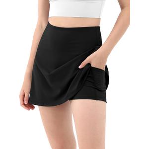 ODODOS Women's Athletic Tennis Skorts with Pockets Built-in Shorts Golf Active Skirts for Sports Running Gym Training, Black, Large