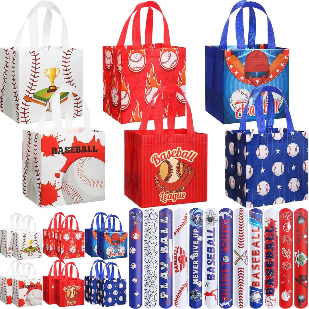 MiniInflat 24 Pcs Baseball Gift Bags Party Favor Bags Reusable Non Woven Tote Bag with Handles Baseball Waterproof Treat Bag for Party Favors Supplies, Extra with 24 Pcs Slap Bracelets