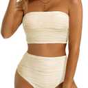 High Waisted Bandeau Bikini Set - Women Strapless Two Piece Swimsuits Ribbed Longline Full Coverage Bathing Suits Swimwear. Size M.