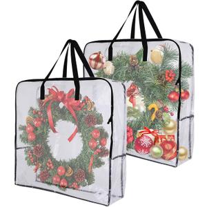 2 Pack 25 inches Wreath Storage Container,Extra Large Transparent Rectangular Christmas Ornament Storage Bags with Zipper and Handles,Perfect for Wreaths,Garlands,Gifts,Waterproof,Foldable