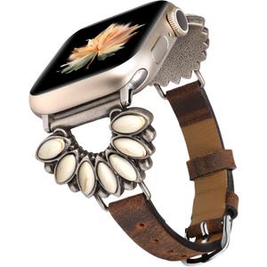 Moolia Boho Turquoise Strap Compatible with Apple Watch Band 42/41/40/38/46/45/44/49mm, Women Western Vintage Leather Strap Inlay for iWatch Series 11 10 9 8 7 6 5 4 3 2 1 SE/Ultra1/2/3 (Brown/White Turquoise)