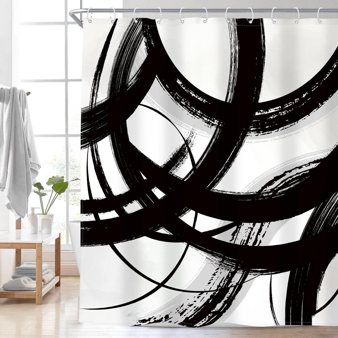 Black White Abstract Shower Curtain 72Wx72H InchCool Minimalist Modern Geometric Art Graffiti Sketch Simple Line Unique Aesthetic Man Boy Bathroom Decor Set Fabric 12 Pack Plastic Hooks