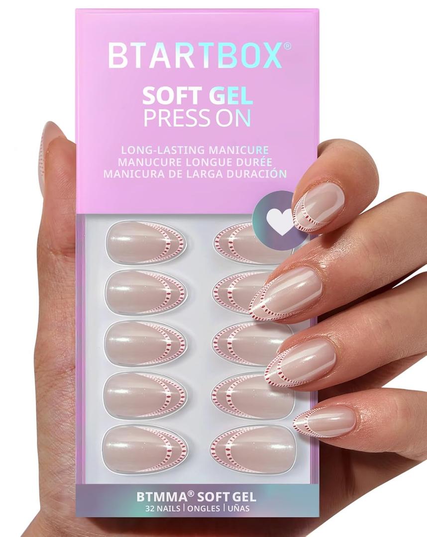 BTArtbox French Tip Press On Nails - Peppermint Kiss, White Pink Short Almond Press On Nails with Glue and Adhesive Tabs for Women in 16 Sizes - 32 Soft Gel Glue On Nails Kit