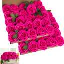 Artificial Flower Foam Hot Pink Rose 50pcs Real Looking Fake Rose with Stems Leaves for Home Decoration Party Garden Centerpieces DIY Wedding BouquetsHot Pink