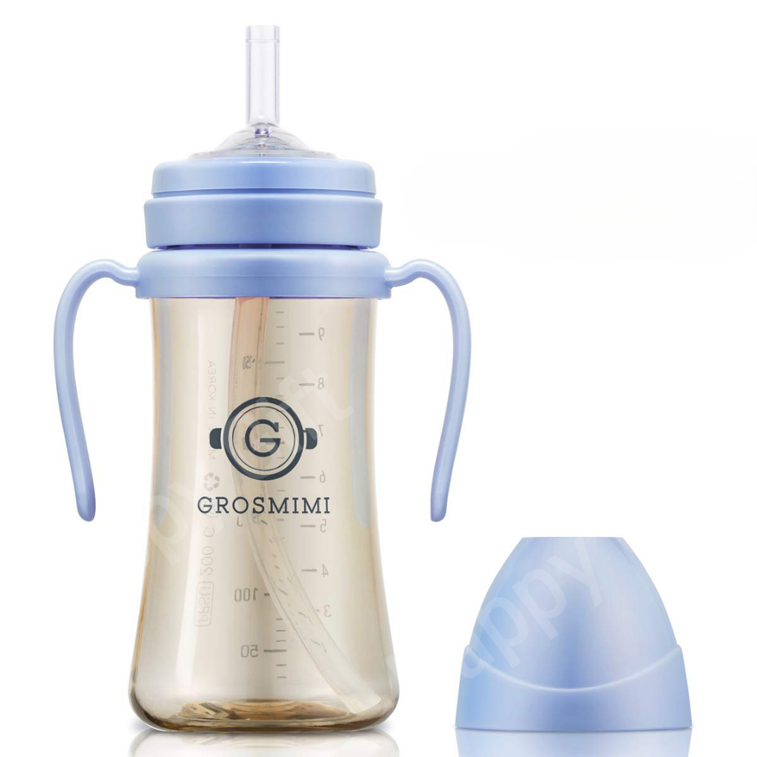 GROSMIMI Spill Proof no Spill Magic Sippy Cup with Straw with Handle for Baby and Toddlers, Customizable, PPSU, BPA Free 10 oz Blue