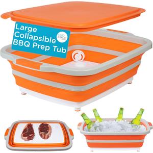 BIRDROCK HOME Collapsible Food Prep & Cutting Board and Grill Caddy Tub with Colander & Lid | Multifunctional Kitchen Vegetable Washing Basket | Silicone Dish Tub for BBQ, Picnic, Tailgate and Camping, Large