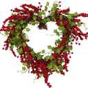 Valentines Day Wreath Heart Wreath with Red Berries Lush Green Ivy, Romantic Front Door Decoration for Spring Mother's Day, Perfect for Weddings & Indoor/Outdoor Farmhouse Dcor