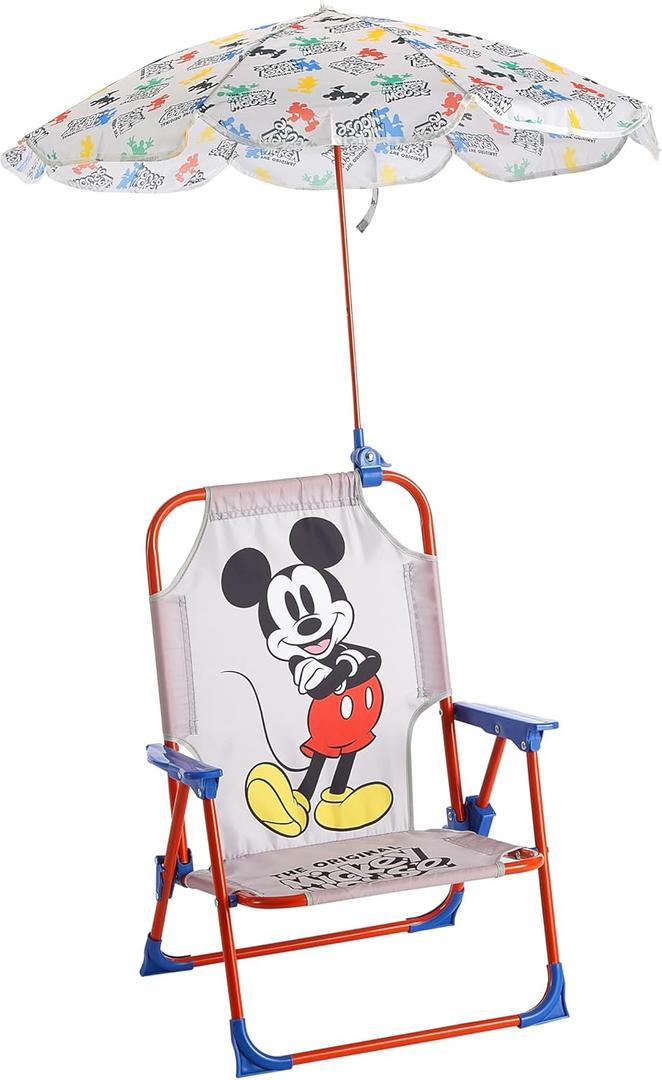 Disney Mickey Mouse Kids Beach Chair with Umbrella,Foldable Portable Toddler Chair with Armrests, Locking Mechanism & Sun Shade