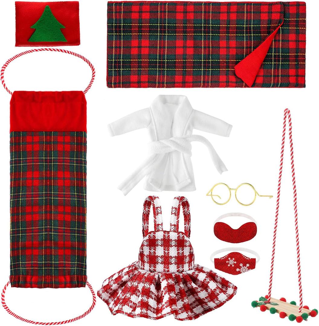 9 Pieces Christmas Doll Clothing Bulk Christmas Doll Accessory Set Including Plaid Dress Sleeping Bag Hammock Bathrobe Pillow Face Cover Swing Glasses for Xmas Gifts Dolls Outfit Costume(Cute)