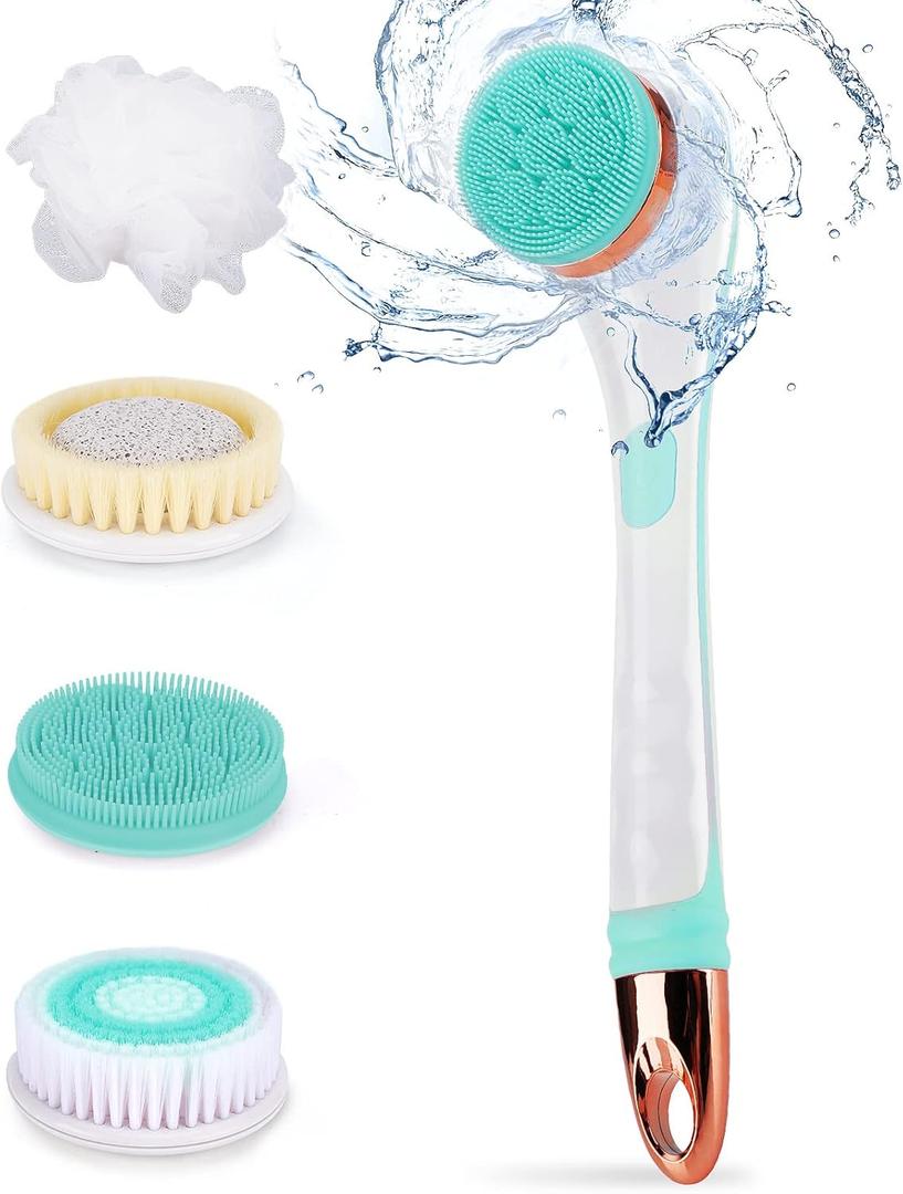 Color You Electric Body Brush for Exfoliating and Massage, Long Handle Electric Bath Brush Rechargeable Body Scrubber, Soft Silicone Spinning Skin Brush with 4 Spin Brush Heads for Man and Women (Green)