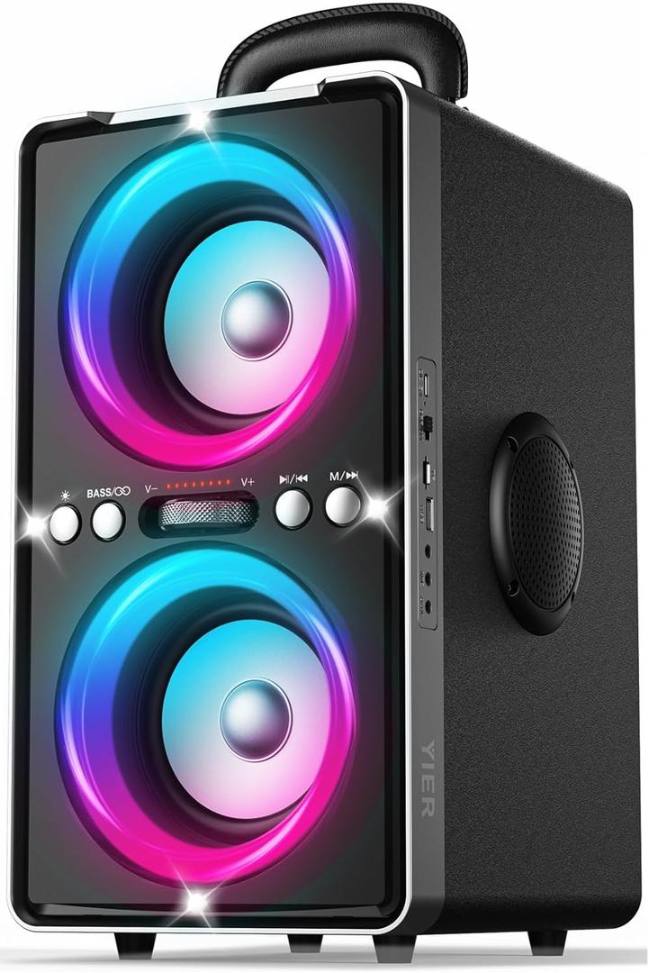 YIER Bluetooth Speaker, 200W Peak Loud Stereo with Big Bass, 20H Playtime, TWS, Fast Charging, Portable Handle, Wireless Large Boombox Bocina with LED Light for Party Outdoor Backyard Camping (Matte Black)