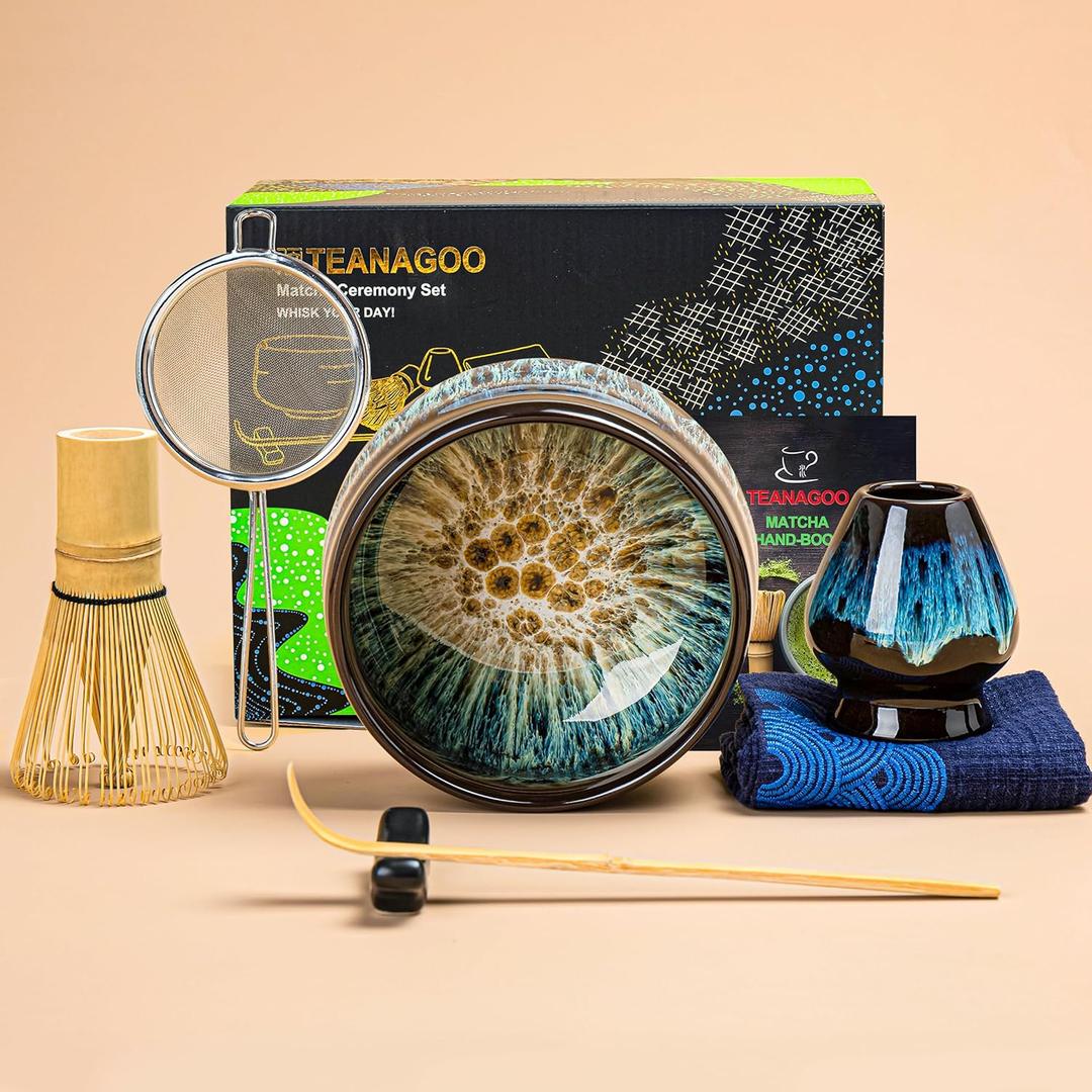 TEANAGOO Matcha Whisk Set, 7 Pcs Matcha Set with Holder/Scoop/Sifter, Matcha Kit for Ceremony, Matcha Tea Set for Making Breakfast/Latte, Matcha Whisk Set and Ceramic Bowl, Gift for Friend/Family (Junware-green 1)
