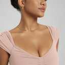 ODODOS Ruched Front Crop Tank for Women V-Neck Cut Out Back Cap Sleeve Cropped Tops, Dusty  (Pink, XL)
