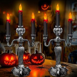 [ Extra Large ] 2 Pack Halloween Candelabra with LED Flame Less Candles Holder Battery Operated Flickering Lights Skull Candles for Halloween Decorations Indoor Home Table Party Haunted Mansion Decor