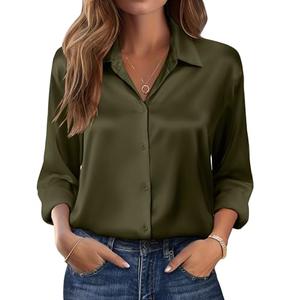 Zeagoo Womens Tops Long Sleeve Button Down Shirts Casual Satin Silk Blouses 2025 Fall Fashion Clothes Army Green M
