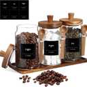 Suclain 3 Pcs Glass Coffee Container with Wooden Lid Spoon Shelf Labels Clear Airtight Jar Food Storage Canister Set for Sugar Spice Coffee Bean Holder Housewarming Gift(25 oz,Acacia Brown)