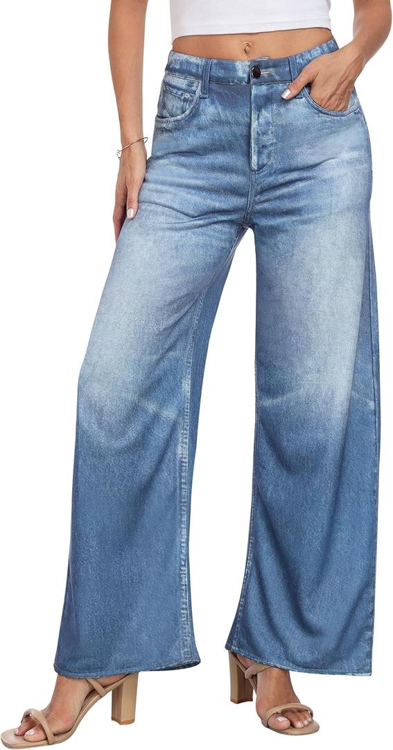 Wide Leg Jeans for Women Trendy Terry Look Like Denim High Wisted Stretchy Loose Baggy Denim Pants with Pockets (Blue, XL)