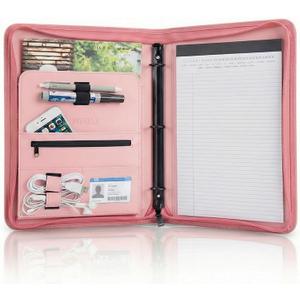 OOWOLF Padfolio Portfolio Folder, PU Leather Professional with 1 inch 3 Ring Binder 8.5 x 11 Letter Size Writing Pad Interview Resume Document Organizer Business Card Holder Zippered Closure Pink