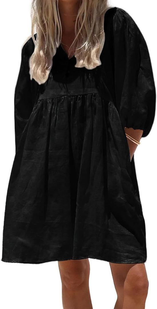 chouyatou Women's Summer Puff Sleeve Cotton Tunic Dress V-Neck Mini Vacation Babydoll Dress (Black, X-Small)