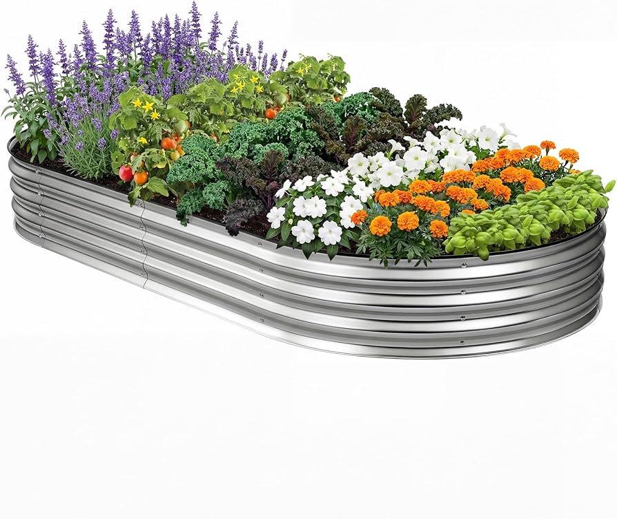Plant & Plot Galvanized Raised Garden Beds Outdoor // 8×4×1 ft Planter Raised Beds for Gardening, Vegetables, Flowers // Large Metal Garden Box // Patented Tool-Free Design (Silver)