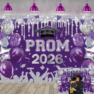 Prom 2026 Backdrop 7x5FT Purple Black Congrats Grad Graduation Photography Background for Outdoor Indoor Prom Party Decorations Banner Purple, 82x59 inch