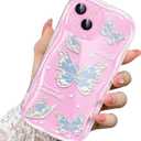 2 x Compatible for iPhone 14 Case, Pretty Butterfly Print Three-Dimensional Wave Clear Case for Girls Women, Soft Full Package Anti-Fall Cover for iPhone 14, Water Blue Butterfly