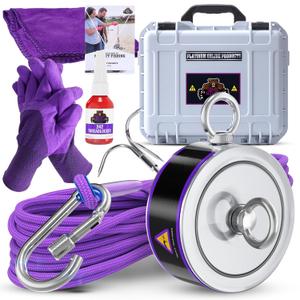 2600LBs Complete Magnet Fishing Kit | Double Sided Fishing Magnet Kit with Case | Includes Strong Neodymium N52 Magnets, Durable 65ft Rope, Carabiner, Gloves, Grappling Hook & Carry Case