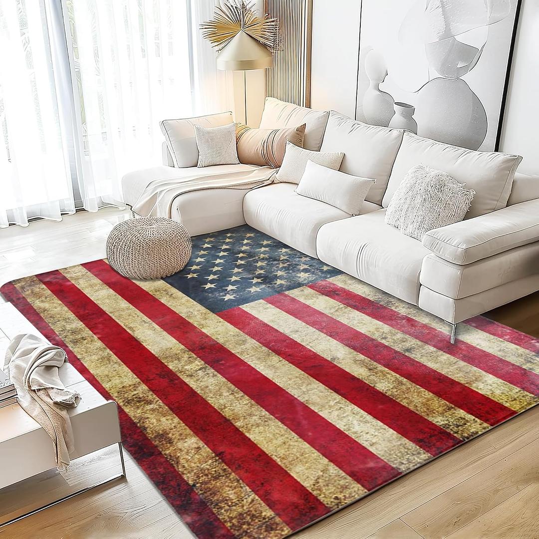 Vintage American Flag Area Rugs 5x7 Washable Area Rugs for Living Room Throw Large Bedroom Kitchen Rug Non-Slip Low-Plie Entryway Rug Floor Mat Carpet for Dining Laundry Room Office