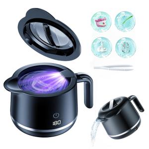 Ultrasonic Retainer Cleaner Machine - 45kHz Ultrasonic Jewelry Cleaner - 200ML Mouth Guard & Denture Cleaner Pod - 5 Modes with Digital Timer - Upgrade Water Bottle Design,Bright Black