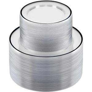 BESTSTAR 200PCS Black and Clear Plastic Plate, Black Disposable Plate Set with 100 Dinner Halloween Plates and 100 Dessert Plates for Party