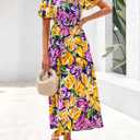 BTFBM Womens Spring 2026 Casual Maxi Dresses Short Sleeve Smocked Tiered Floral Boho Long Beach Dress with Pockets (XXL)