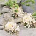 USIX 2pc Pack-Handmade Artificial Flower Rose with Gold Leaves Ribbons Artificial Pearls Wrist Corsage & Men's Lapel Boutonniere Pin Combo Set Package for Wedding Party Prom Homecoming (Corsage Pack)