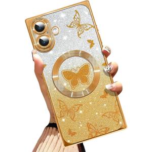 AIGOMARA Phone Case for iPhone 16 [Compatible with MagSafe] Butterfly Design Glitter Bling Case Shockproof Scratch-Resistant Soft TPU Cover for Women - Gold